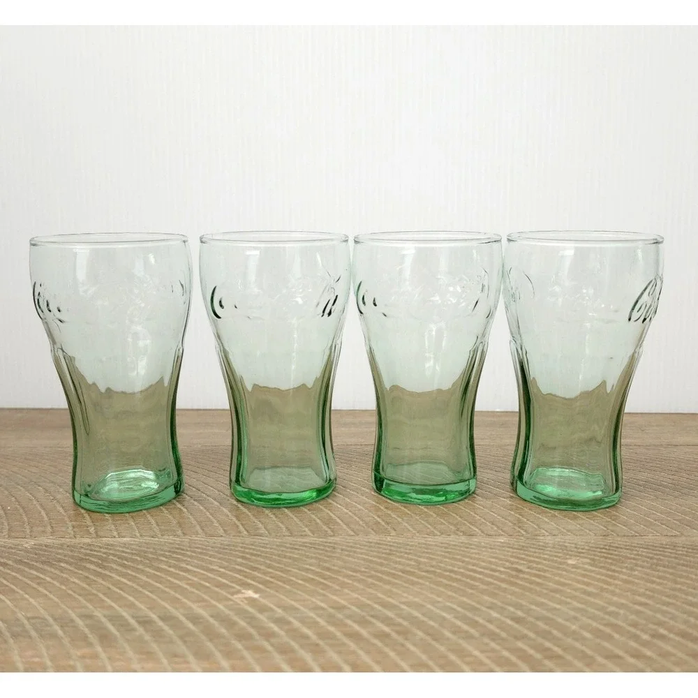Set Of 4 Coca-Cola Libbey Green Glasses - 6.25 Oz- Made In USA - Contour Shape